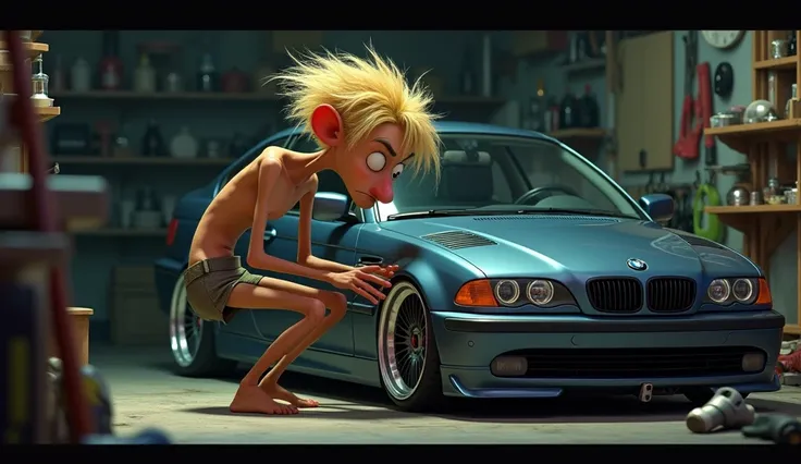 Im Stil von Pixar 3D- The animated film. A thin and insane-looking man with short blond hair is tinkering with a silver BMW E46 Compact in a dark terraced garage.