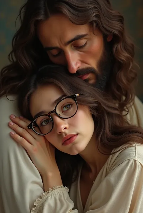 brown haired woman with shoulder length hair wearing glasses full mouth brown eyes big nose being supported by Jesus 