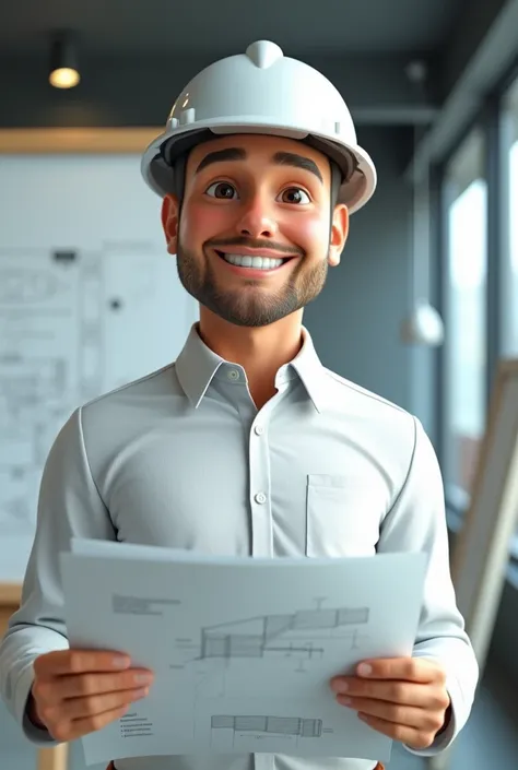 Civil engineer drawing animation with helmet, white shirt, black eyes and looking straight ahead smiling with plans in his hands