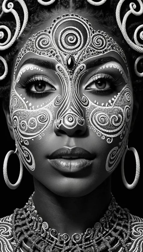 a black and white photo of a beautiful ebony woman with many spirals on her face, digital art by Jon Coffelt, zbrush central contest winner, psychedelic art, extremely detailed goddess shot, fractal face, intricate face, thomas veyrat intricate, amazing de...