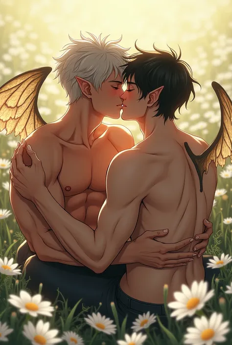  
Two men kissing with elf ears and fairy wings they are naked they are sweaty and in love they are both very handsome men they are sitting on the grass they are in a beautiful field of white flowers the art has to be in the anime style yaoi Hot