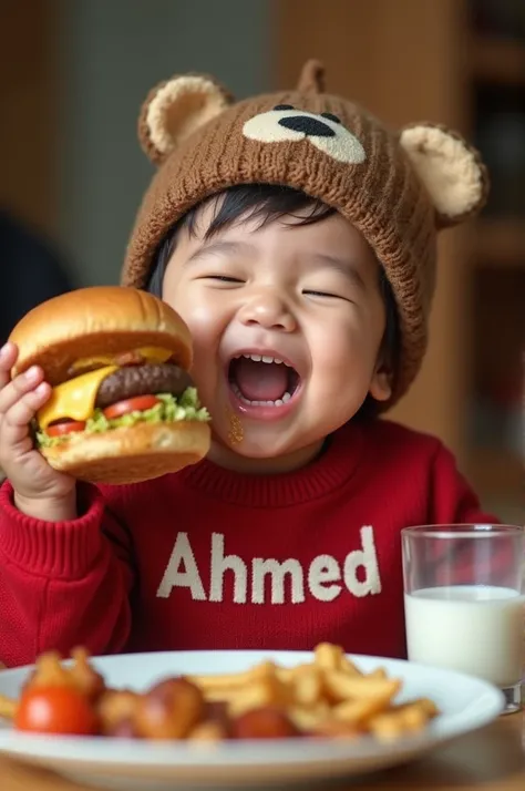 photo of a 2 year old Indonesian toddler boy, wearing a cute thick bear beanie, laughing broadly, wearing an oversized red sweater with "AHMED" written in white on the front, carrying a large hamburger that has been bitten, his face is smeared with food re...