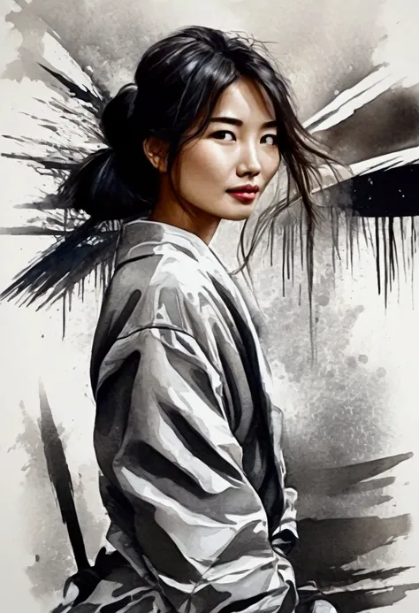 young japanese woman illustration with splatter background and spray paint effect, making: Eugeniusz Zak, Watercolor art, making: lotz karoly, Watercolor painting, Watercolor painting style, Watercolor detail art, making: Reuben Tam, Watercolor Digital Pai...