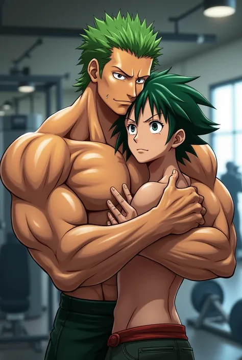 A muscular gym man, a shorter man who appears to be 20, hugging Zoro from One Piece 