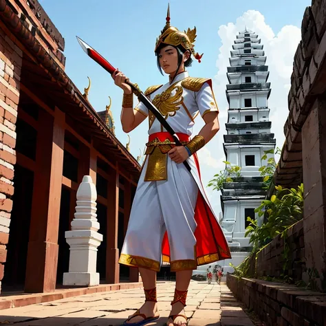 man,Wearing Thai warrior costume,Wear white.,holding a sword,short hair, shoe ,Wearing a Thai war helmet,Thai Ayutthaya