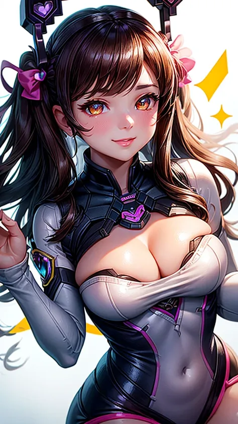 (masterpiece), (best quality), (intricate details), high resolution, visually stunning, sidelighting, deep shadow, nothing but white background, (Dva from overwatch), brown hair, heart-shaped pupils, amber eyes, emotionless smile, sparkle, ((super shiny fa...