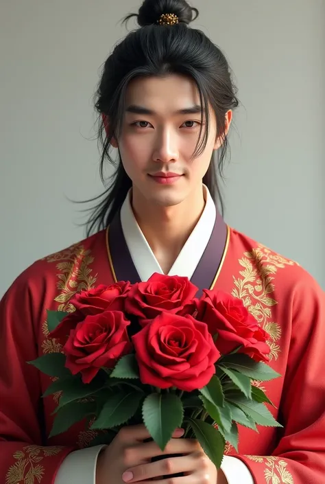 a korean guy wearing hangbok holding a bouquet of roses,realistic,long hair tied roughly