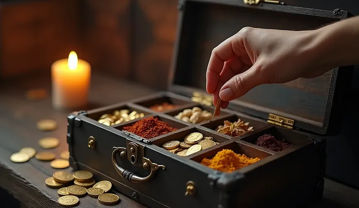 Create a hyper-realistic and mysterious image of an open antique wooden chest, divided into compartments, where different types of riches are stored: gold-coins, gem stones, land documents, and rare spices. A hand is carefully closing the chest, symbolizin...