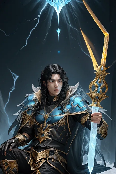 realistic Anime Guy Ice demon King sitting on a Ice throne Holding Excalibur glowing in lightning and fire, curly black hair, light brown skin, with dark brown eyes. Ice Gold armor with black and Gold details. Royal aura with ice swords and spears around. ...