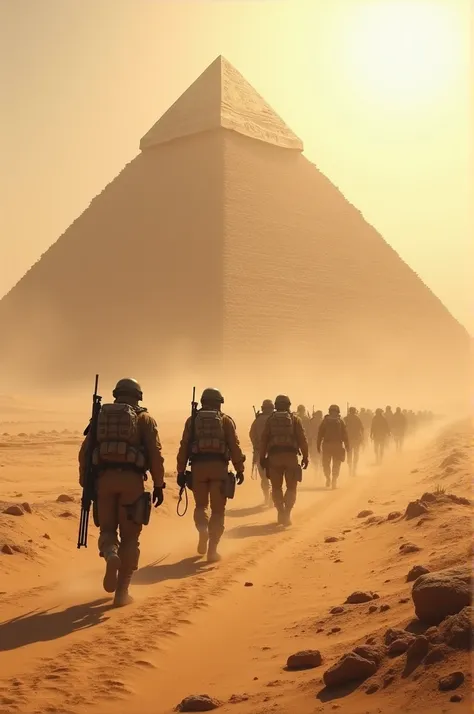 Soldiers are heading towards the pyramid in desert area