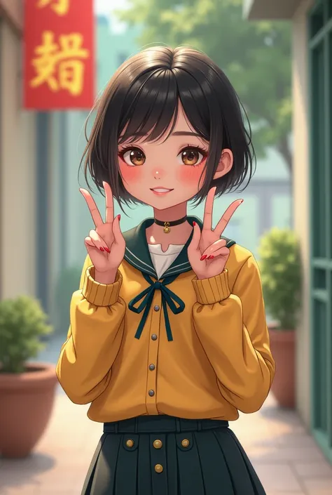 a girl with slightly golden black hair short, about 1m65 tall, dressed in gen z style, fashion, style of Vietnamese schoolgirls, rosy cheeks, adorable 2 index fingers pointing cutely