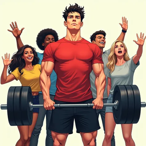 manga art style, best quality, masterpiece, handsome young man wearing red tshirt and black shorts, lifting a barbell, five friends of different races cheer from behind, perfect fingers, perfect hands, perfect face, perfection, no background