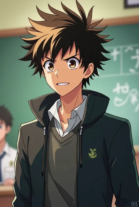 Boku no Hero Academia Anime, black hair with a light brown streak, 16 year old man, He is in class 1-A at U school..From the anime Boku No Hero Academia, stomach 1.71 meters, brown eye, messy hair, medium brown but whiter. 