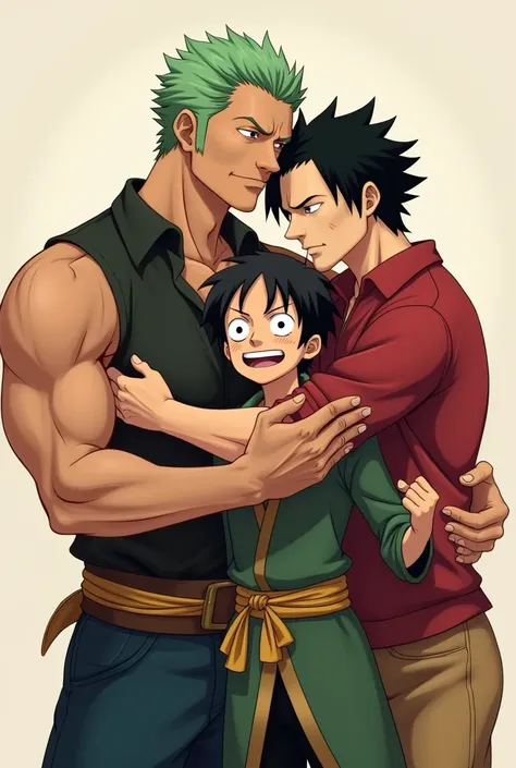 A muscular gym man and a shorter man who appears to be 20 with black and white hair hugging Zoro from One Piece as friends 