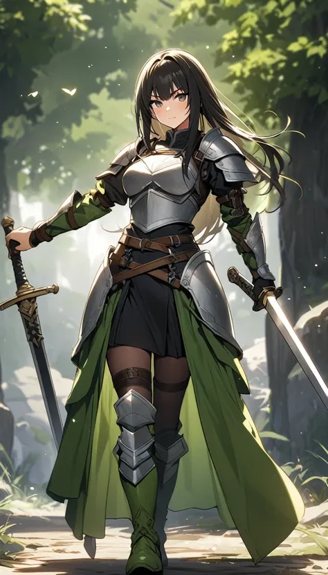 ultra-high definition image quality、beautiful girl、woman warrior、female swordsman、light armor、green boots、long hair、knight&#39;s...