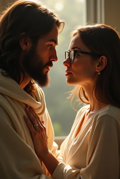 Jesus and I. Woman with glasses and full mouth, shoulder length brown hair 