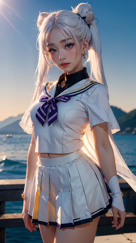 photorealistic, (hyperrealistic:1.2), (extremely detailed CG unity 8k wallpaper), (ultra-detailed), masterpiece, best quality, 1girl, sailor cosmos, standing, fullbody,  solo, long hair, skirt, hair ornament, twintails, jewelry, purple eyes, white hair, pl...