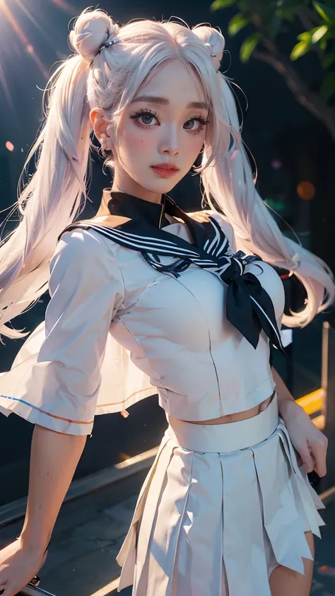 photorealistic, (hyperrealistic:1.2), (extremely detailed CG unity 8k wallpaper), (ultra-detailed), masterpiece, best quality, 1girl, sailor cosmos, standing, fullbody,  solo, long hair, skirt, hair ornament, twintails, jewelry, purple eyes, white hair, pl...