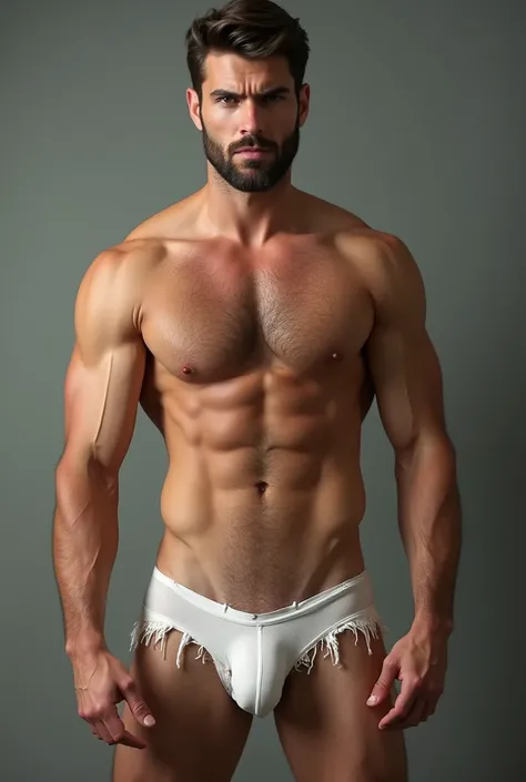 (photorealism:1.2), a handsome man in underwear, good abdomen, that his underwear is torn and his penis has come out through there 