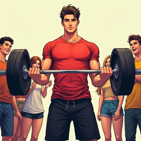 manga art style, best quality, masterpiece, handsome young man wearing red tshirt and black shorts, lifting a barbell, few friends of different races cheering, perfect fingers, perfect hands, perfect face, perfection, no background