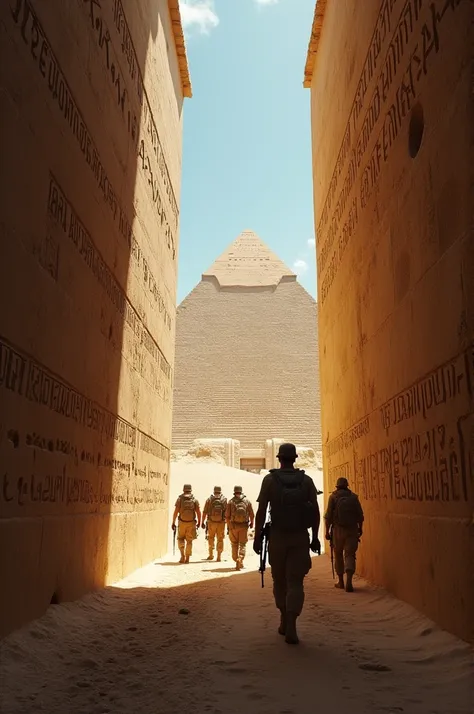 The soldiers are carefully entering inside the pyramid.