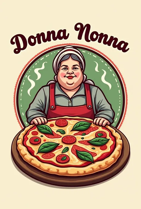 Create a logo for a pizzeria that serves classic Italian pizzas called Donna Nonna. Which also contains a stylized drawing of an older overweight Italian lady. With a fusion of a stylized image of a classic Italian Neapolitan pizza with slow and natural fe...