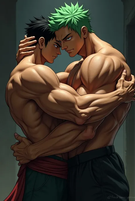 A 17 year old muscular gym man hugging Zoro 