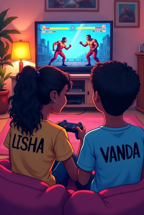 A teen couple aged 19, sitting together on a couch, playing mortal Kombat  ,both dark skinned , cartoon style, casting on the tv,on the back shirt of the girl written Lisha,on the shirt of the boy written vanda,on top of the tv written LISHA