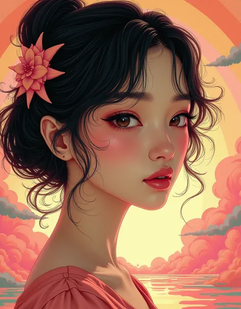 (Japanese girl:1.3), beautiful detailed eyes, beautiful detailed lips, extremely detailed eyes and face, long eyelashes, upper body, from side, looking at viewer, (fractal art:1.3), (rainbow color hair, colorful hair, half pink and half gold hair:1.2), wat...