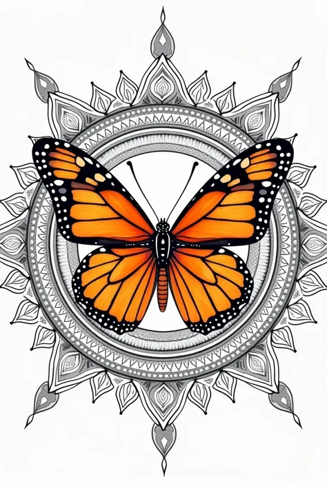 Create a detailed line art mandala with a butterfly at the center. The mandala should feature intricate, symmetrical patterns with concentric circles and geometric shapes radiating outward. Position a vibrant butterfly in the center of the mandala, with it...