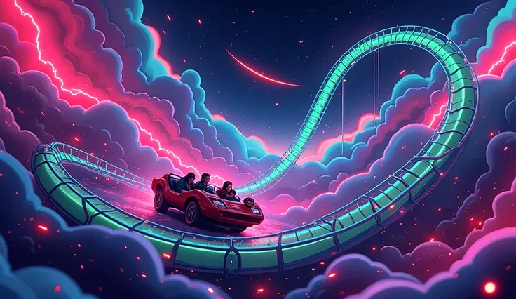 meme of financial markets on a roller coaster, neon colors