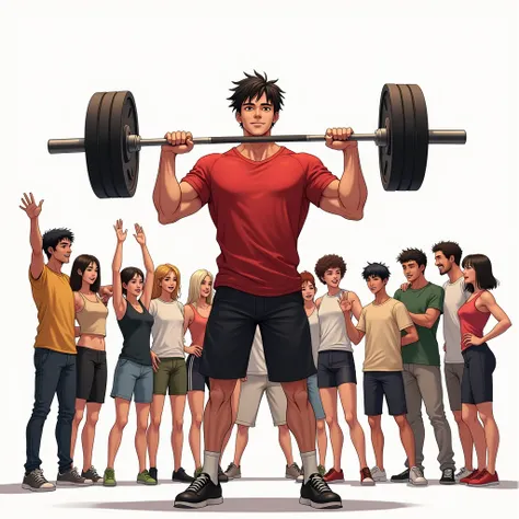 japanese manga art style, best quality, masterpiece, handsome young man wearing red tshirt and black shorts, lifting a barbell, few friends of different races cheering, perfect fingers, perfect hands, perfect face, perfection, white background