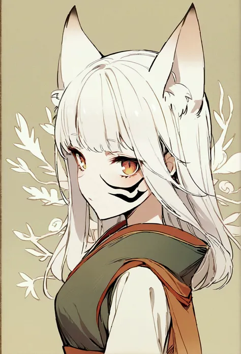 fox ears, white hair, mit einer ONI-Maske, masterpiece, illustration, chinsese traditional style