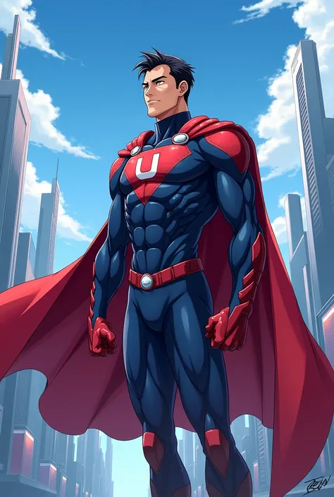 Create for me a hero with a blue and red uniform anime man with a cape put a u symbol on his chest