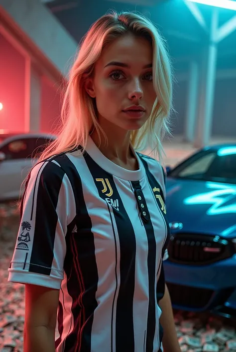 BMW mobile wallpaper with money and a blonde girl wearing this season&#39;s Juventus third jersey
