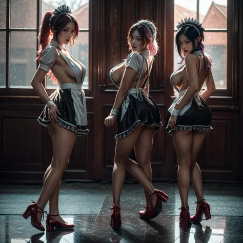 (Full Body of Extremely Detailed((Sexy Maid Group in a row:1.37))), KAWAII perfect face with Reflective Eyes, Detailed(Delicate Clothing textures), Correct Graceful Legs, Dynamic Joyful Expressions LifeLike Rendering, Specular Reflection, TopQuality 8K Ult...