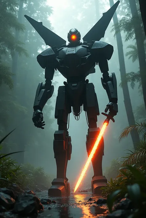 Fog on the jungle, rain ,large robotic ,black head, flame sword, cyclops eye, cyberpunk, armour dark,have iron wing,have jet-pack engine 