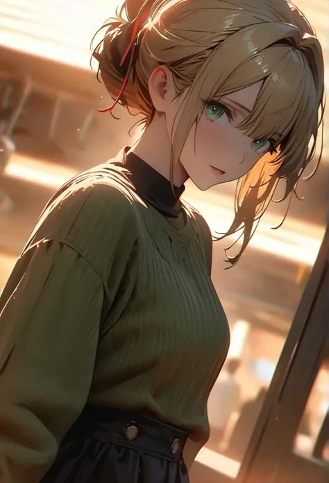  (blond hair, chignon hair, light green eyes, sweater green, black skirt, garter stockings) 1 woman, hair up, happy, tired, high detail, violet evergarden hair, conceptual art, super detail, high details, high quality, best quality, green eyes, blonde hair...