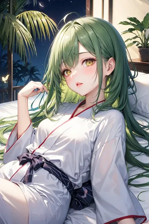 (pov close up face), (Half asleep style) (lie down on bed), (solo:2, 15 yo), (beautiful straight green hair long hair) (beautiful sexy girl), (glossy lip, blushing ecstasy, half closed beauty yellow eyes), (medium tits), in a simple white yukata, break, in...