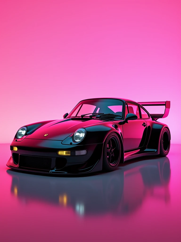 Capturing the sleek elegance of the black Porsche 993 Turbo Widebody kit designed by RWB against a futuristic pink backdrop - every detail meticulously showcased., poster, photo, 3d render, portrait photography