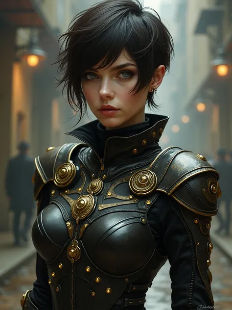 one Beautiful woman. Dark brown hair, pixie haircut. blue eyes. daring outfit. goth tomboy. maidenly charm. space rogue assassin. Knightly cyber armor. golden accessories. Dark sci-fi. Warhammer 40k. Dieselpunk. baroque oil painting.