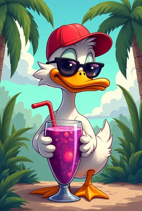 Duck in a cap, sunglasses and a glass of açaí in hand,in the style of the Cuphead game cartoons
