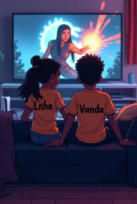 A teen couple aged 19, sitting together on a black couch, playing mortal Kombat  11,both dark skinned , cartoon style, casting on the tv,a ps5 next to the tv,on the back shirt of the girl written Lisha,on the shirt of the boy written vanda,