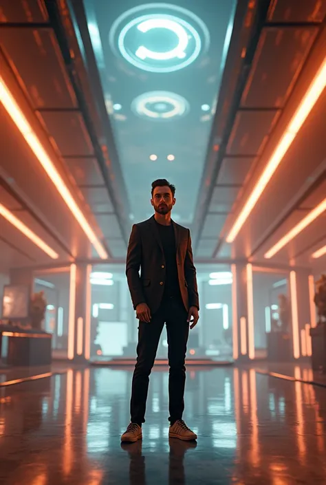 Man in a giant futuristic studio, staring at the camera. Hes confident, stylish and is inviting people to enter their own universe. 