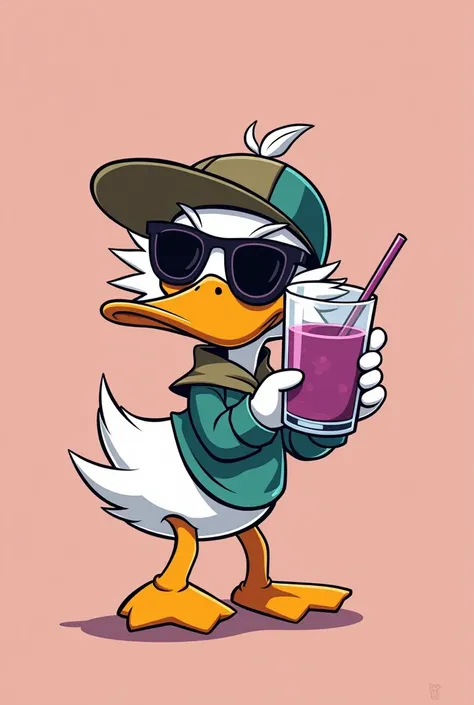 Duck in a cap, sunglasses and a glass of açaí in hand,in the style of the Cuphead game cartoons,more 2d 60&#39;s style
