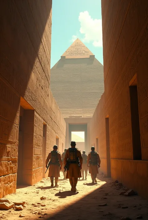 The soldiers are carefully entering inside the pyramid.