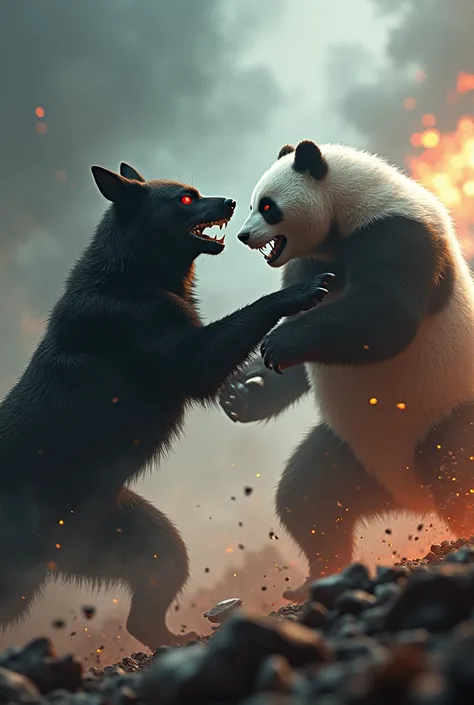 Black dog white panda slap to dog 

fight dengerous seen and dog eyes red background white  war in space 