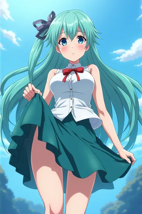 "aqua" from the anime konosuba, view from below, Her hands lift her skirt as she is embarrassed