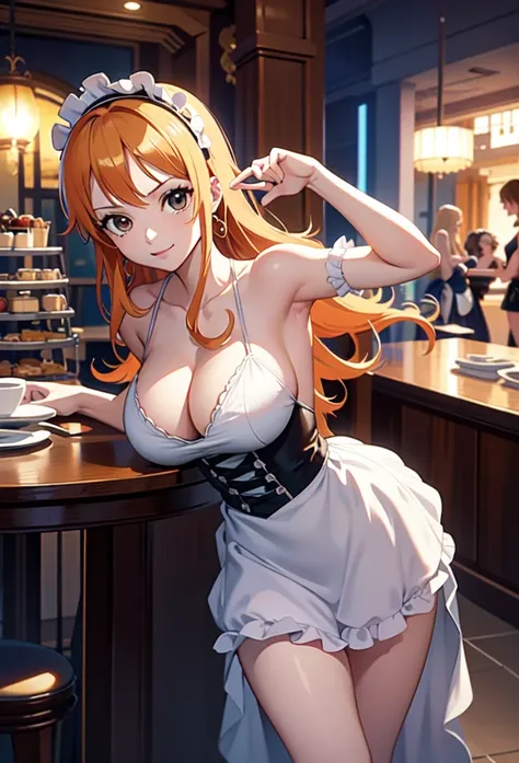 Masterpiece,Solo,1Girl,Nami,(One Piece),Big Breasts,Perfect Body,Sexy Body Hot,Best Quality,High Resolution,Photograph 16K,Ultra Detailed,Long Hair,Beautiful,Beautiful Woman,Female Maid Prancis Theme,Female Maid Outfit Anime,Short Dress,Black And White Dre...