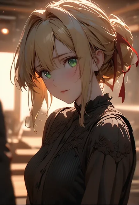  (blond hair, chignon hair, light green eyes, sleeveless shirt white, black skirt, garter stockings) 1 woman, hair up, happy, tired, high detail, violet evergarden hair, conceptual art, super detail, high details, high quality, best quality, green eyes, bl...